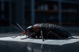 A large dark insect with prominent antennae and red eyes rests on a white sheet of paper, with a blurred background.