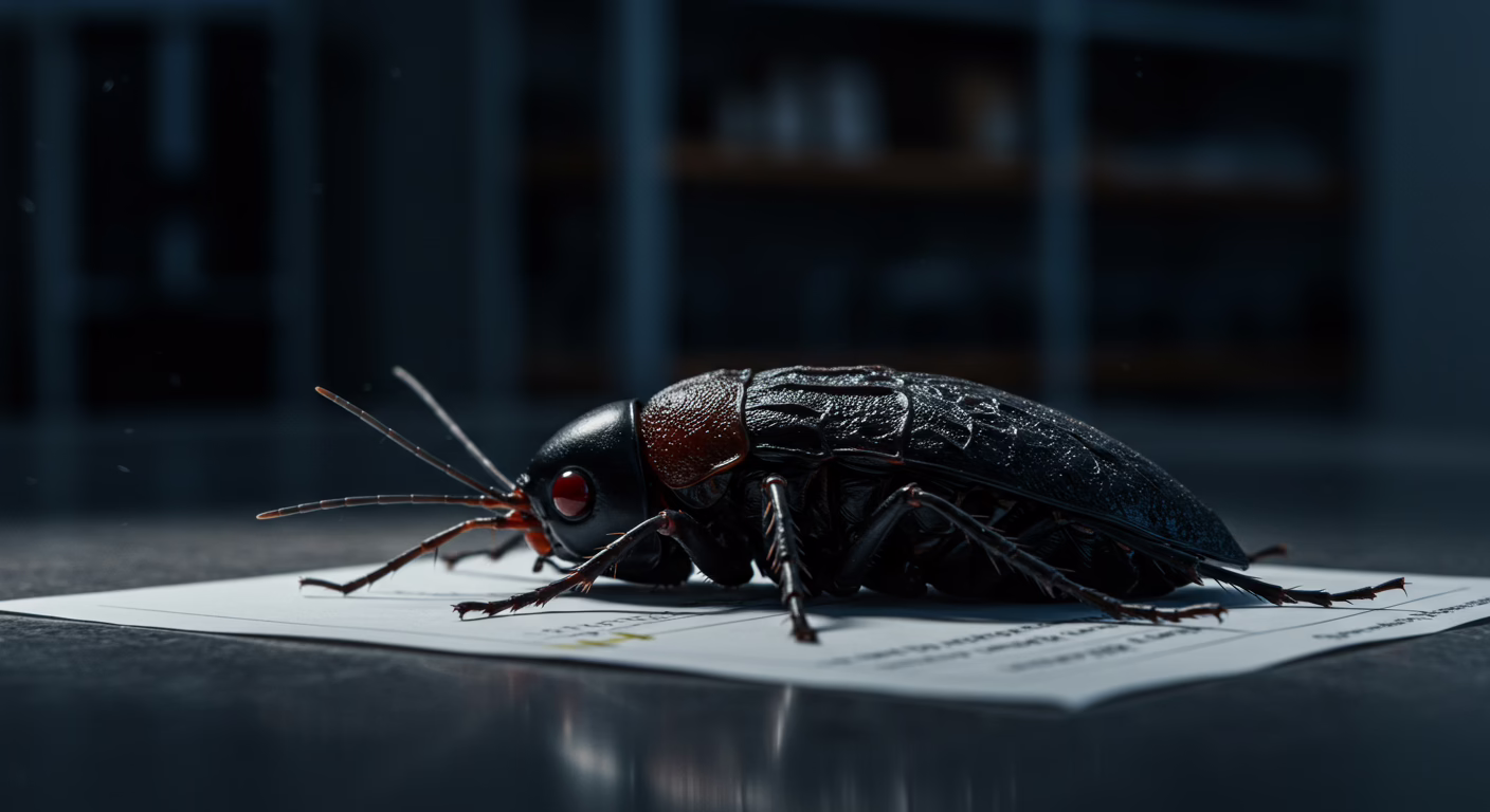 A large dark insect with prominent antennae and red eyes rests on a white sheet of paper, with a blurred background.