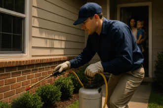 A pest control technician sprays treatment beside a house, with a woman and child watching from the doorway.