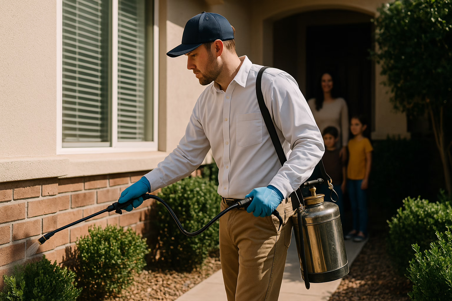 A pest control technician in gloves sprays a wall outside a home, while a woman and two children watch from the doorway.